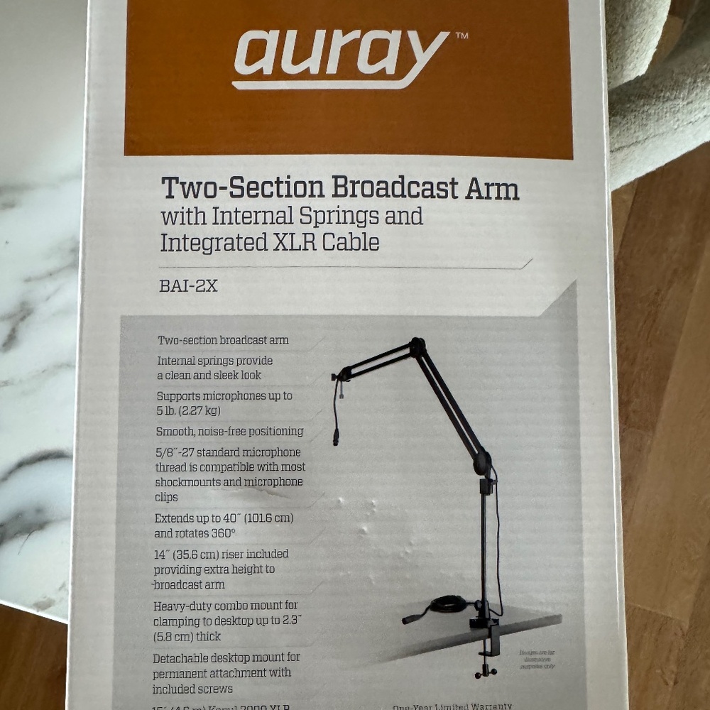 Auray Two-Section Broadcast Arm w/Internal Springs & Integrated XLR Cable